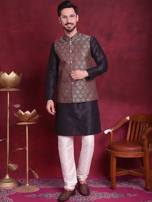 Men maroon woven silk blend kurta jacket set 1