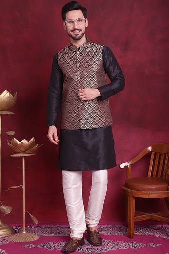 Men maroon woven silk blend kurta jacket set