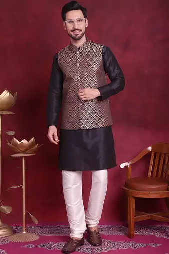 Men maroon woven silk blend kurta jacket set