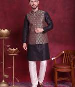Men maroon woven silk blend kurta jacket set