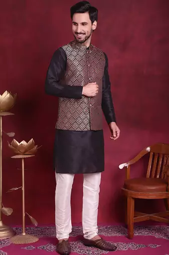 Men maroon woven silk blend kurta jacket set