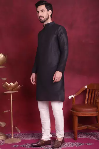 Men maroon woven silk blend kurta jacket set