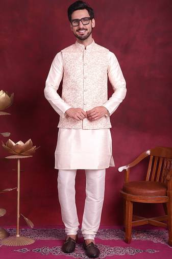Men pink woven silk blend kurta jacket set