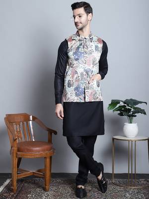 Men blue printed silk blend kurta jacket set 1