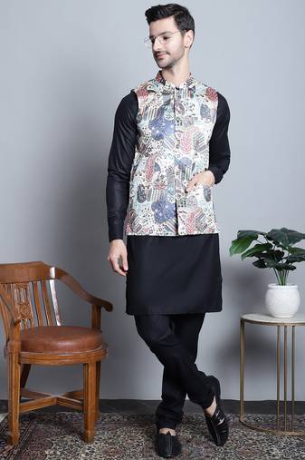 Men blue printed silk blend kurta jacket set