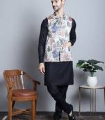 Men blue printed silk blend kurta jacket set