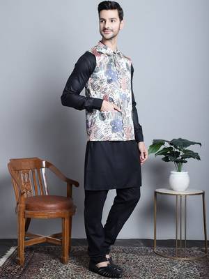 Men blue printed silk blend kurta jacket set 2