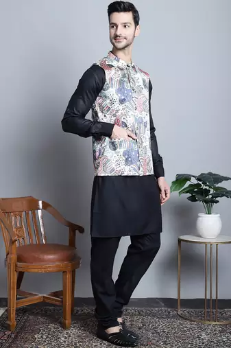 Men blue printed silk blend kurta jacket set