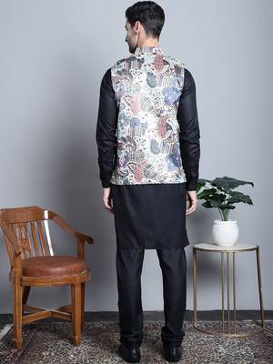 Men blue printed silk blend kurta jacket set 4