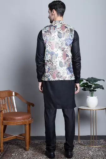 Men blue printed silk blend kurta jacket set