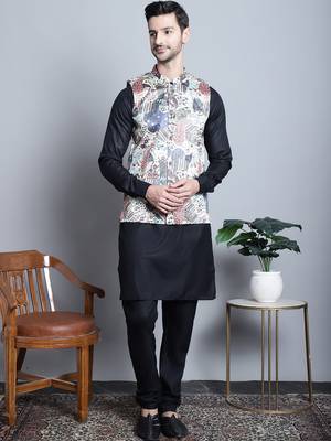 Men blue printed silk blend kurta jacket set 5