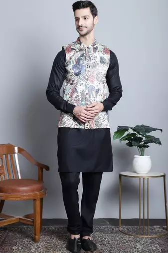 Men blue printed silk blend kurta jacket set
