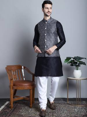 Men grey printed silk blend kurta jacket set 1