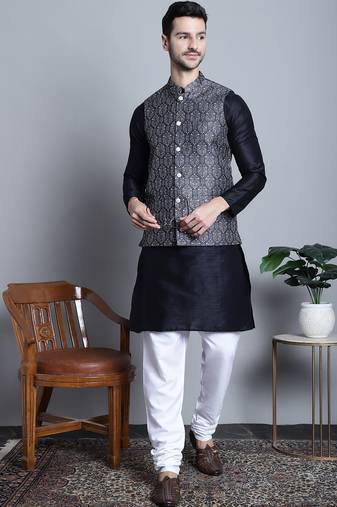 Men grey printed silk blend kurta jacket set