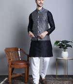 Men grey printed silk blend kurta jacket set