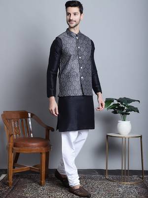 Men grey printed silk blend kurta jacket set 2