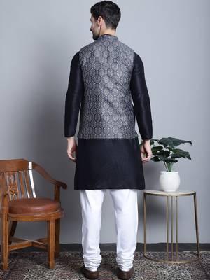 Men grey printed silk blend kurta jacket set 4