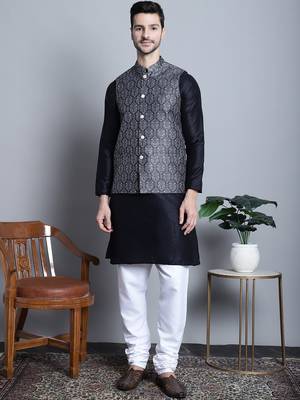 Men grey printed silk blend kurta jacket set 5