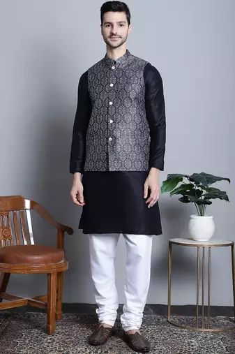 Men grey printed silk blend kurta jacket set