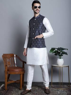 Men blue printed silk blend kurta jacket set 1