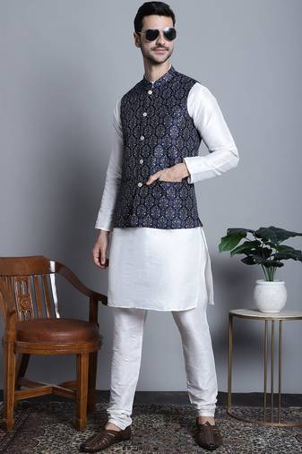 Men blue printed silk blend kurta jacket set