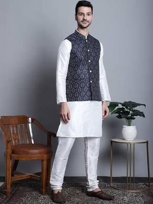 Men blue printed silk blend kurta jacket set 2