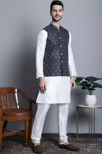 Men blue printed silk blend kurta jacket set
