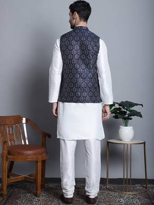 Men blue printed silk blend kurta jacket set 4