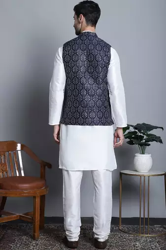 Men blue printed silk blend kurta jacket set