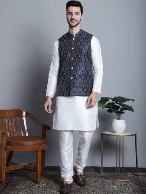 Men blue printed silk blend kurta jacket set 5