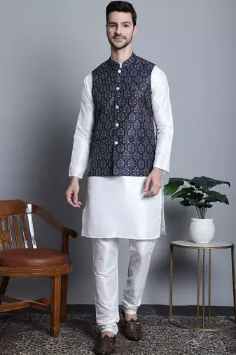 Men blue printed silk blend kurta jacket set