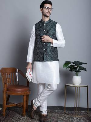 Men green printed silk blend kurta jacket set 1