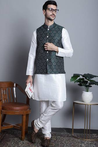 Men green printed silk blend kurta jacket set