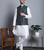Men green printed silk blend kurta jacket set