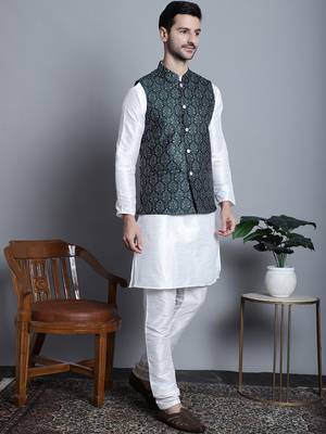 Men green printed silk blend kurta jacket set 2