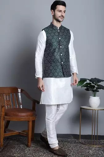 Men green printed silk blend kurta jacket set