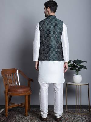 Men green printed silk blend kurta jacket set 4