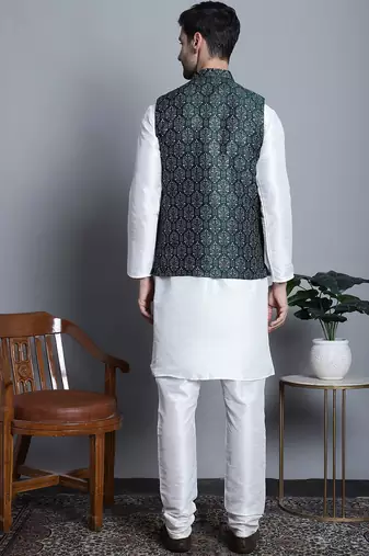 Men green printed silk blend kurta jacket set