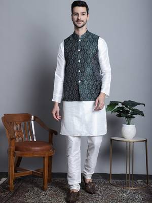 Men green printed silk blend kurta jacket set 5