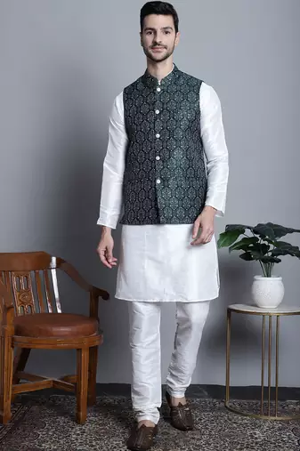 Men green printed silk blend kurta jacket set