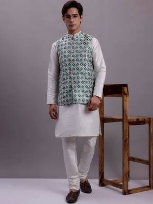 Men blue woven silk blend kurta jacket set 1