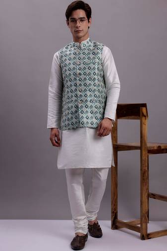 Men blue woven silk blend kurta jacket set