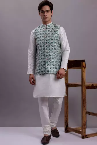 Men blue woven silk blend kurta jacket set