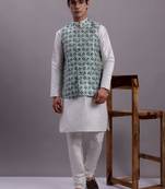 Men blue woven silk blend kurta jacket set