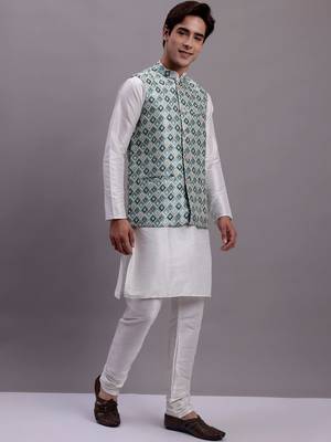 Men blue woven silk blend kurta jacket set 2