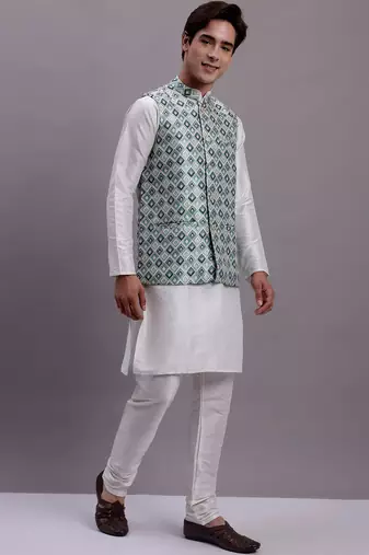 Men blue woven silk blend kurta jacket set