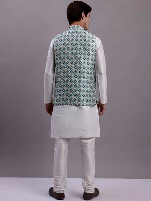 Men blue woven silk blend kurta jacket set 4