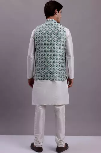 Men blue woven silk blend kurta jacket set