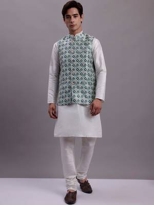Men blue woven silk blend kurta jacket set 5
