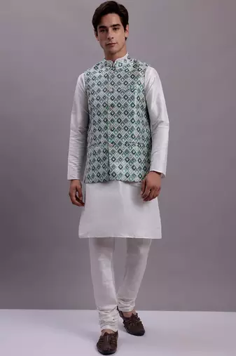 Men blue woven silk blend kurta jacket set